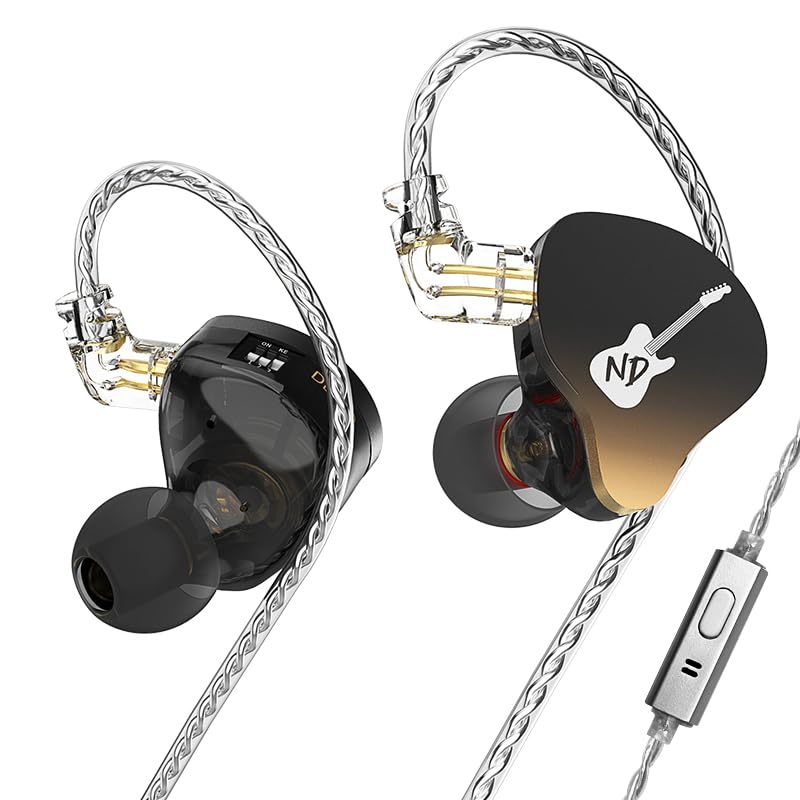 EZ EAR ND DD3 Hifi In Ear Monitors Dual Dynamic Drivers In-Ear Earphones IEM 4 Sound Styles Adjustable with 2PIN Detachable Design Cable for singer bassist, guitarist (Black, with mic)