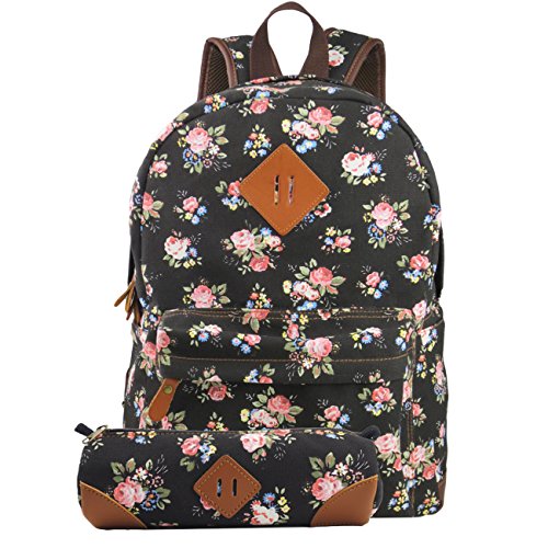L.S.Risunup Backpack for Teenage Girls Cute Print Canvas School Laptop Bags Pencil Case 2PCS Set Black Floral L.S.Risunup Backpack for Teenage Girls Cute Print Canvas School Laptop Bags Pencil Case 2PCS Set Black Floral