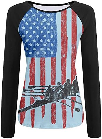 American Flag American Pride Rowing Row Women's Round Neck Raglan Sleeve Long T-Shirt Blouse Tops Casual Teen Girls Tees L