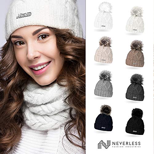 Womens-Knitted-Hat-With-Fur-Bobble-and-Fleece-Lined-Faux-Fur-Lining-Winter-Hat-Bobble-Hat-Neverless
