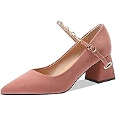 TinaCus Women's Suede Leather Handmade Comfortable Mid Chunky Heel Pointed Toe Graceful Mary Jane Pump Shoes with Buckle (Light Pink, US6.5)