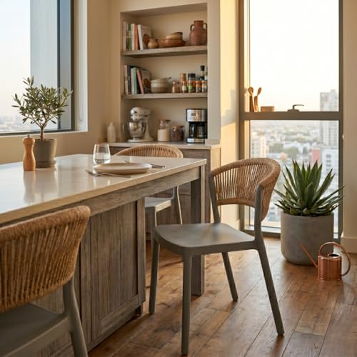 MARCOLO Chair Without Arms, Outdoor Plastic Dining Chair, Weather & UV Resistant Patio Chair for Balcony, Garden, Kitchen & Indoor Outdoor Use, Modern Rope-Style Design, 41x53.5x82cm (Grey)