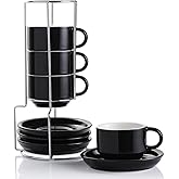 Sweejar Ceramic Espresso Cups with Saucers, 4 Ounce Stackable Cappuccino Cups with Metal Stand for Coffee Drinks, Latte, Tea - Set of 4 (Black)