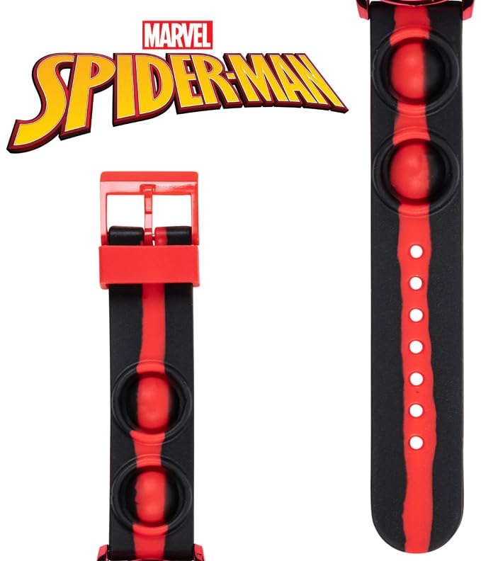 Accutime Marvel Spiderman Kids Digital LCD Wrist-Watch with Red, Green, and Yellow LED Light Show and Popper Strap for Boys, Girls, and Toddlers - Perfect for Learning Time and Fun