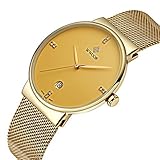 WWOOR Men's Ultra Thin Mesh Band Stainless Steel Watches Male Elite Sports Date Wrist Watch Gold