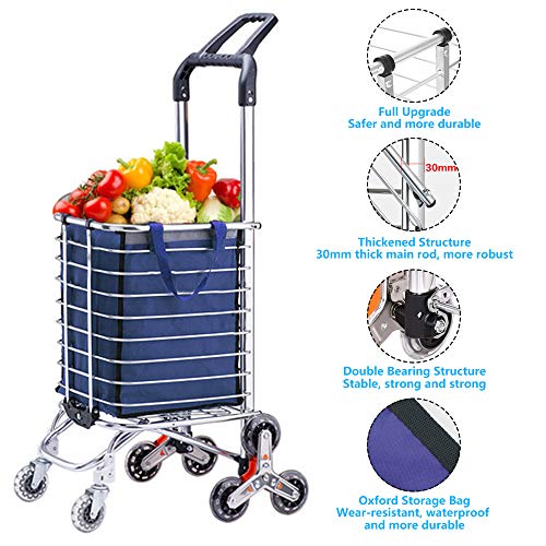 Upgraded Folding Shopping Cart Portable Grocery Stair Climbing Cart with Tri-Wheels, Swivel Handle, Wheel Bearings & Removable Basket, Perfect for Mom Christmas Gifts - Thumbnail 2