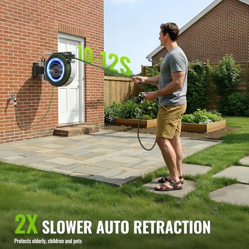 Hose Reel, PATOOLIO Auto Reel 30+2m Wall-Mounted, Retractable Garden Hose Reels, Auto Rewind, Self-Locking System, 180° Pivot Swivelling, 10 Function Spray Gun, Black