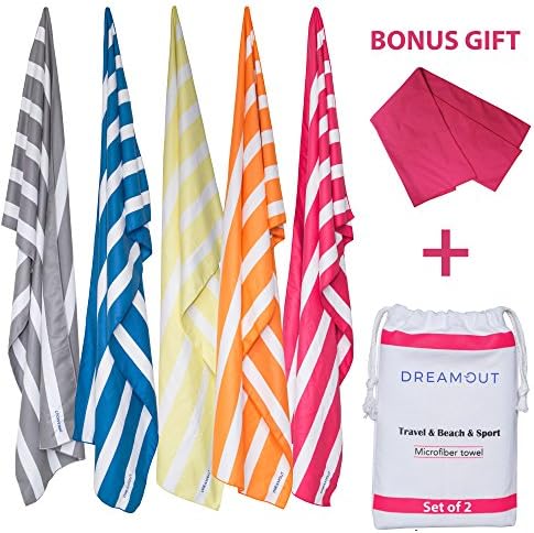 Striped Microfiber Towels, Quick Drying Towels for Beach, Pool, Bath, Sports and Workout, XL and Medium Size Set for Men, Women and Kids, Luxury Ultra Soft and Absorbent Anti-Bacterial Fabric