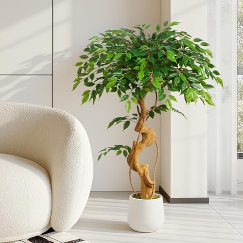 Keeplush - Artificial Ficus Plant, 120cm with White Pot, Real Large Artificial Plants with Curved Trunk and 930 Leaves Artificial Plant for Indoor Living Room Decor