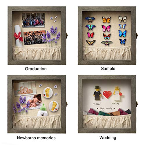 Emfogo 13x13 Shadow Box Picture Frame with Linen Back Front Glass Door and Pocket, Rustic Wood Shadow Display Case of Keepsakes, Baby, Wedding, Memory Box for Wall and Tabletop (Weathered Gray)