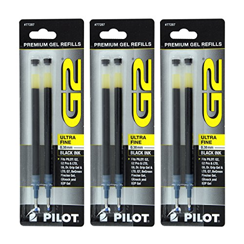 Pilot G2, Dr. Grip Gel/Ltd, ExecuGel G6, Q7 Rollerball Gel Ink Pen Refills, 0.38mm, Ultra Fine Point, Black Ink, Pack of 6