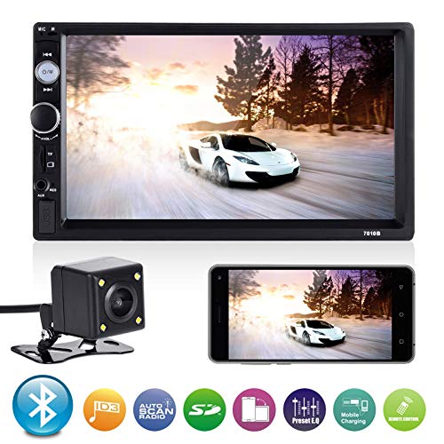 Universal Double Din Car Stereo, ESSGOO Mirror Link 7 Inch Touch Screen in Dash Car Radio Receiver Audio Video Player Supports USB/FM/TF/BT/AUX/MP5 Multimedia Backup Camera+Remote Control