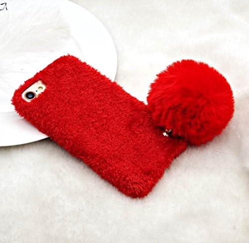 iPhone Fur Luxury Protective Cover Case with Cute Pom Pom (with a Free Screen Protector) for iPhone 7 / iPhone 8 / iPhone 7 Plus / iPhone 8 Plus (Red, iPhone 7 / 8 (4.7"))