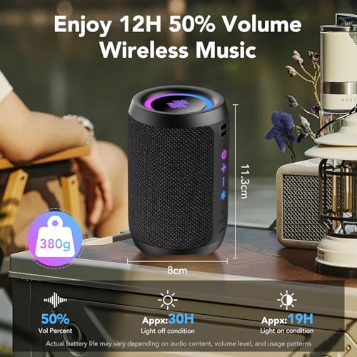 Bluetooth Speaker Wireless with Stereo Sound & Mic for Calls, Bluetooth 5.4 Portable Speaker with 12H Playtime, 6 RGB Lights & TWS Pairing, IPX7 Waterproof Outdoor Speaker for Home, Hiking, Party