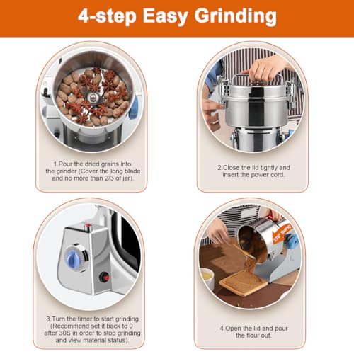Electric Grain Mill Grinder, 2500g 2000W Coffee Bean Grinder Superfine Mill for Herb Spice Nut Cereal, 30s High-Speed Grinding with Overload Protection 5-8min Timer 32000RPM for Wheat Dry Food Kitchen