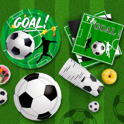 Football Party Supplies, 24 Guests Tableware for Birthday Football Parties – Football Party Plates Napkins Table Cloth Flag etc Birthday Decorations Football Theme