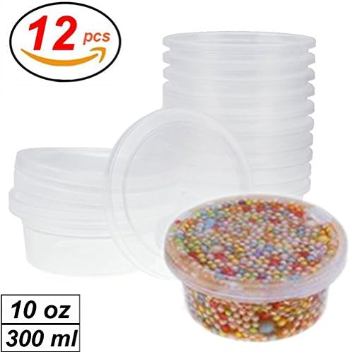 Slime Containers with Lids 12 Pack Storage Jars for Foam Balls Slime Floam Beads, 10 oz, Clear PP Tight Seal