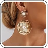 Sttiafay Boho Large Sunburst Pearl Earrings Punk Exaggerated Sun Dangle Earrings Gold Pearl Studs Geometric Statement Sun Earring Jewelry for Women