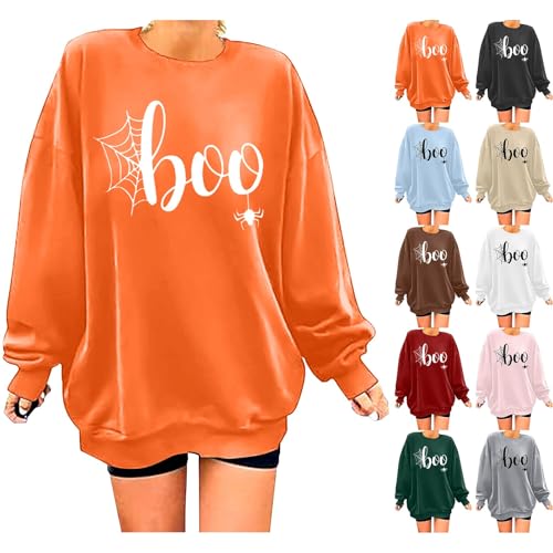 Angxiwan Halloween Jumper for Women Sweatshirts for Women UK Oversized Spider Web Print Casual Long Sleeve Halloween Sweatshirt Crew Neck Solid Color Pullover Ladies Plus Size Jumpers Womens Pumpkin