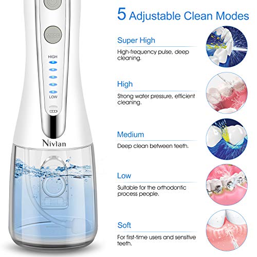 Water Flosser for Teeth - Nivlan Newest Cordless Water Flossing Teeth Cleaner, IPX7 Waterproof Rechargeable Dental Oral Irrigator for Braces & Bridges Care with 300ML Tank, 5 Modes & 6 Jet Tips