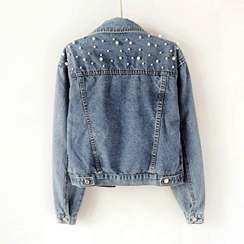 HJuyYuah Women's Blue Long Sleeve Denim Jacket Pocket Beading Casual Short Outwear Coat - Thumbnail 2