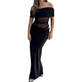 ABINGOO Women Sexy Off Shoulder Maxi Dress See Through Mesh Ruched Ruffles Paneled Bodycon Dress Y2K Party Summer Clubwear