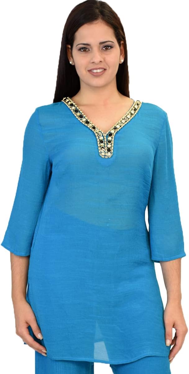 Ladies Woven V-Neck Sequin 3/4 Sleeved Tunic Blouse Top - LRPB115 at Amazon Womenâs Clothing store