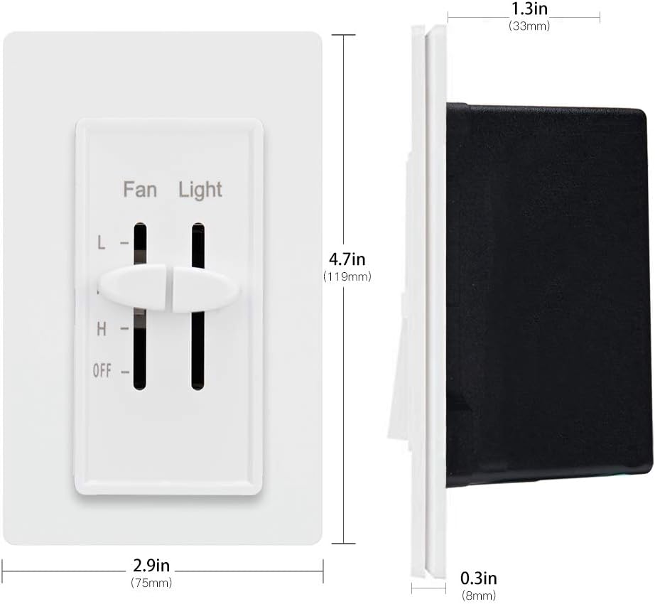DELIXI White 3 Speed Ceiling Fan Wall Speed Control with LED Dimmer Light Switch, 360W Incandescent Load, Single-Pole, 120 Vac, 60 Hz, 2.5 A, White (1 Pack) - - 