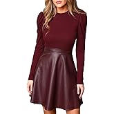CUPSHE Women's Winter Dresses Ribbed Knit Puff Long Sleeve High Waist Faux Leather Party Mini Dress