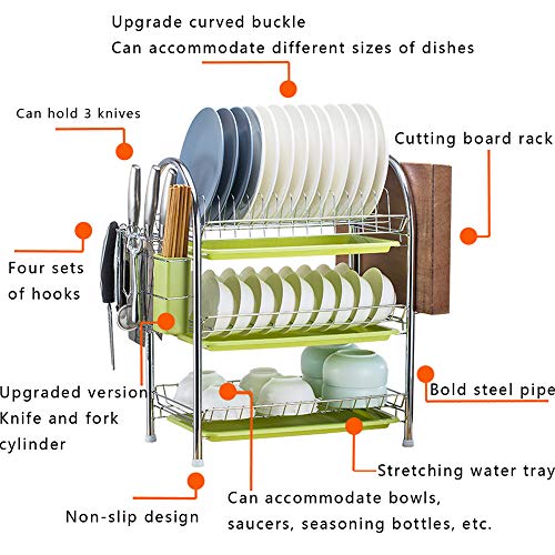 Dish Rack,Utensil Racks Kitchen Plate Rack 3 Tier Dish Drainer 15.3 x 9.8 x 18.9 Inches Silver Stainless Steel Dish Drying Rack with Removable Drain Board,Cutlery Drying Basket,Cutting Board Holder