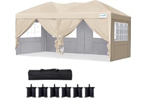 Quictent 10x20 Canopy with Sidewalls, Ez up Canopy Tent for Parties and Outdoor Events, 6 Sand Bags Included（Tan）