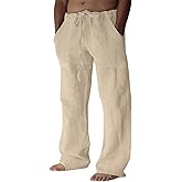 Puimentiua Cotton Linen Pants Men Casual Loose Fit Elastic Drawstring Waist Summer Beach Pants