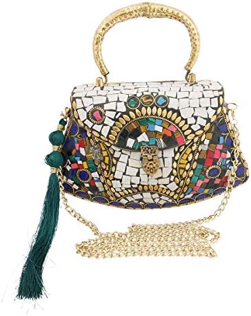 Sam Edelman Beatrice Line Styled Metal Hard Case Clutch with Multi Color Mosaic Detail, Tassel, and Brass Handle
