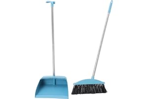 DIYEAH Long Handle Broom and Dustpan Set with Stable Dust Pan, Light Blue Home Cleaning Tool for Kitchen