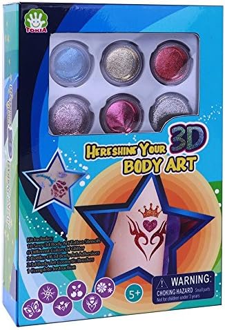 Here Shine FUN 3D BODY ART Original Glitter Tattoo Kit with 6 Colors of Glitters &amp; 24 Stencils for Temporary Tattoos, 5+