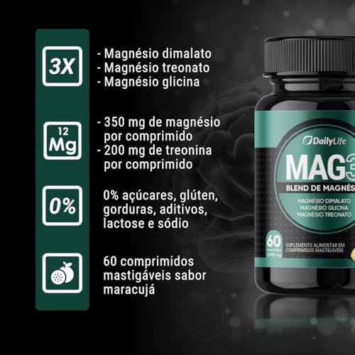 Magnesio Mag 3 Dimalato Treonato Glicina Magnesium 1000mg 100% Puro 60 Comprimidos Mastigaveis Sem Glúten Sabor Maracujá