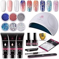 Makartt P-09 Gorgeous Poly Nail Gel Kit with 24w UV Light Starter Kit Professional Misty White Pink Extension Gel, 6pcs Glitter Powders All-In-One Dip Nail Gel Builder Manicure