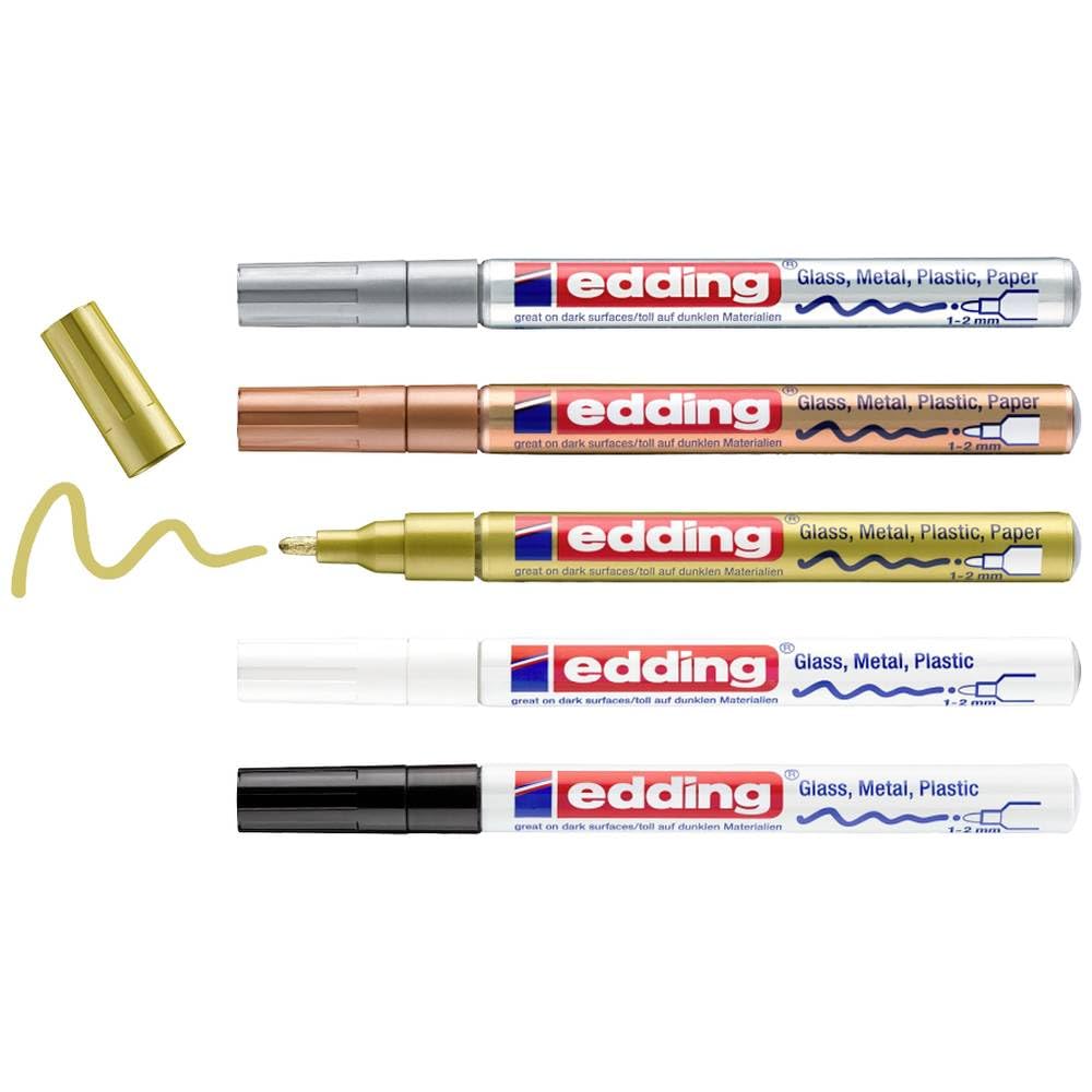 edding 751 gloss paint marker set - black, white, gold, silver, copper - 5 paint markers - round nib 1-2 mm - paint pen for glass, pebbles, wood, plastic, paper - waterproof, high coverage