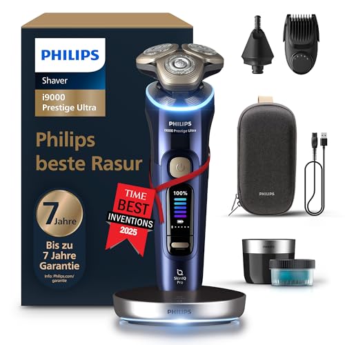 Philips Rasierer i9000 Prestige Ultra, Nass- und Trockenrasierer für Herren, Druck- und Bewegungssensor, 5+1 Bartstyler, Nasenhaartrimmer, Reinigungsstation, Ladestation, Reiseetui, Modell XP9401/38
