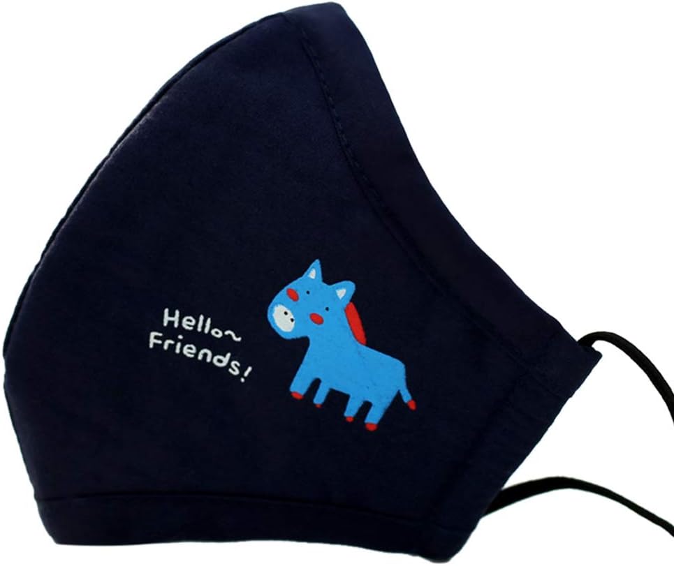 Losping Children's Dust Mask Kids PM2.5 Earloop Anti-Dust Mask With Filter Cotton Mouth Cartoon Bright Solid Color Cute Masks Age 2-15 Boy Girl Respirator (Blue Horse)