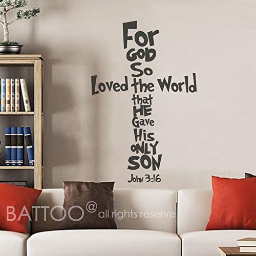 Bible Verse John 3:16 - For God so Loved the World Wall Decal Quotes Cross Lettering Vinyl Wall Art Sticker Easter Wall Decals(27.5"WX42"H)
