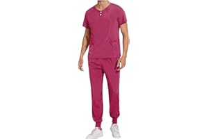 Mens Scrub Set Short Sleeve V-Neck Scrub Tops Jogger Pants Stretch Healthcare Working Nursing Uniforms with Pockets
