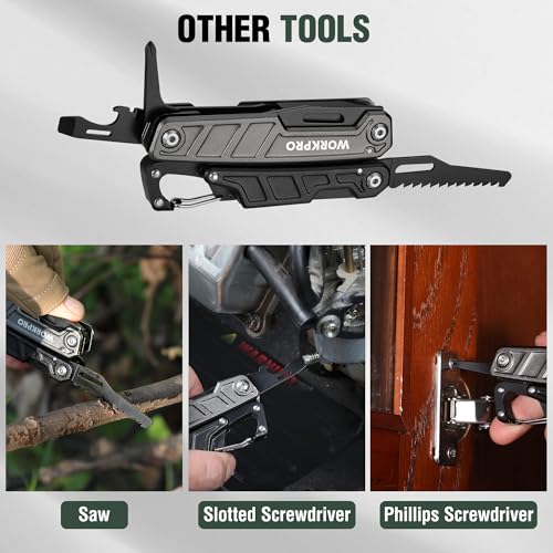 WORKPRO 11 in 1 Multitool Pliers | Stainless Steel Folding Multifunction Tool with Saw, Screwdriver and Pliers for Camping and Hiking