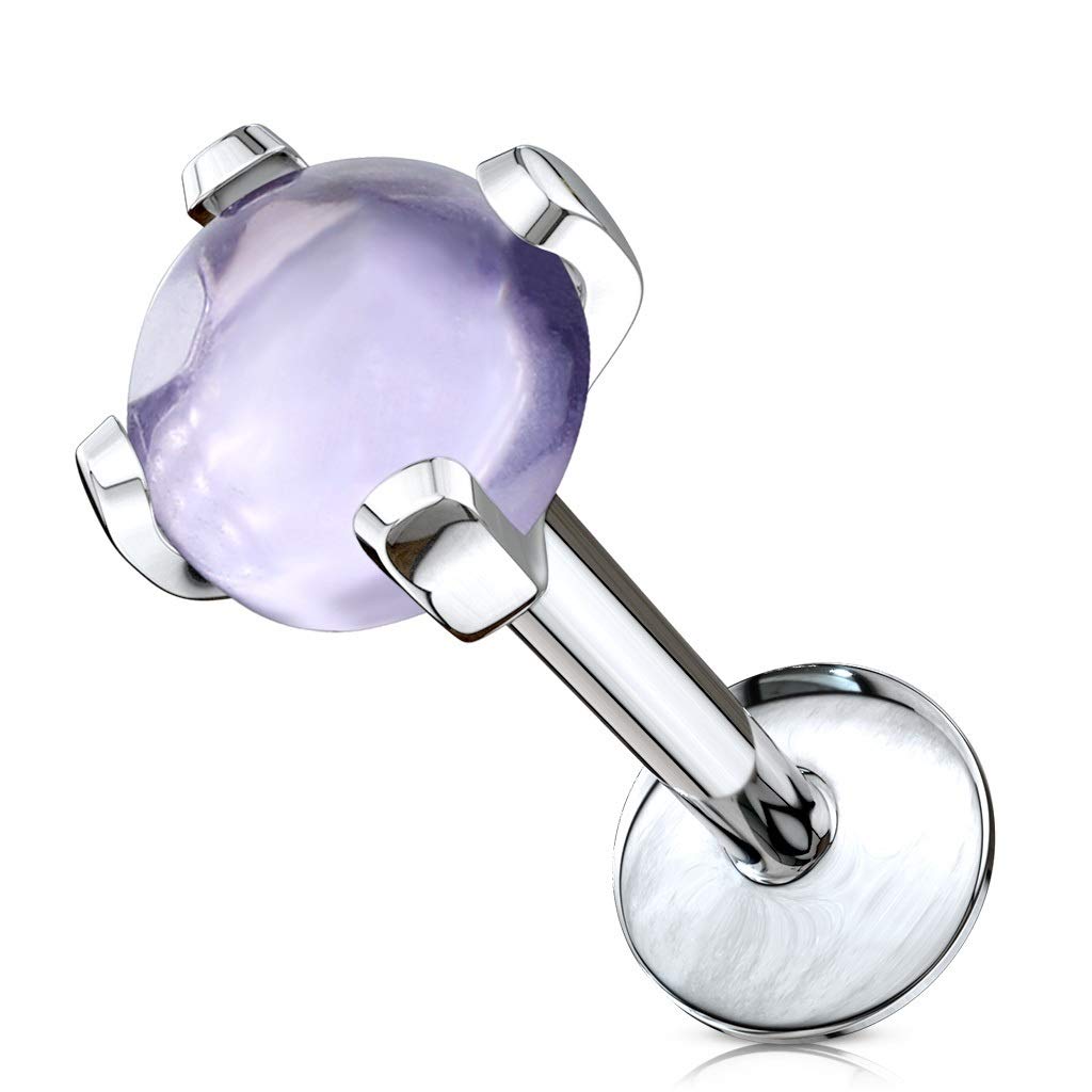 PiercedOff 316L Surgical Steel Labret with Semi Precious Internally Threaded Amethyst Stone Stud - Thickness 16GA (1.2mm) Length 6mm / Ball Size 4mm