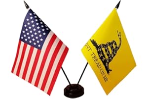 ZIGVERT America & Gadsden Twin Desk Flag, US Gadsden Table Flags, US Don't Tread On Me Desk Flag, 8 x 5 Inches Miniature USA & Gadsden Stick Flag with Flag Stand