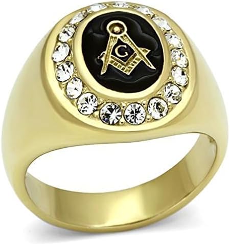 Jewelryfinds Stainless Steel Masonic Mason Golden Plate Black Crystal Freemason Men Ring