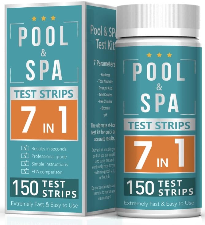 7 in 1 - Pool test strips - Pool and Spa - Hot tub test strips - 150 strips - Chlorine - PH - Total Alkalinity -Total Chlorine - Bromine - Cyanuric Acid - Total Hardness, Water Chemical Testing kit.