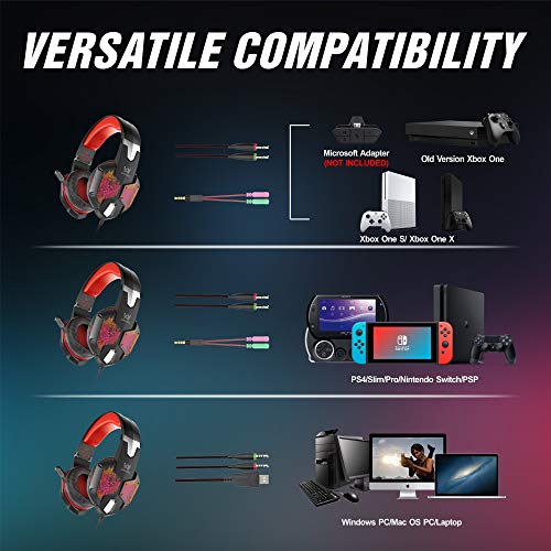 VersionTECH. Gaming Headset for Xbox One/PS4 Controller, PC, Wired Surround Sound Gaming Headphones with Noise Cancelling Mic, RGB LED Backlit for Nintendo Switch/3DS, Mac, Destop Computer Games - Red