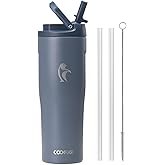 Coolflask Water Bottle 32 oz Fits Car Cup Holder, Slim Tumbler Stainless Steel with Straw & Handle, Vacuum Flask Leakproof Wide Mouth for Travel Sports Gym, Grey