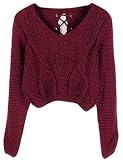 PrettyGuide Women's Long Sleeve Eyelet Cable Lace Up Crop Top Burgundy XS